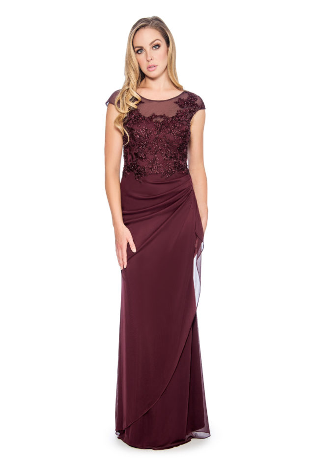 Lace applique top overlay cascade long gown - formal evening dress - mother of bride dress - plus size dress