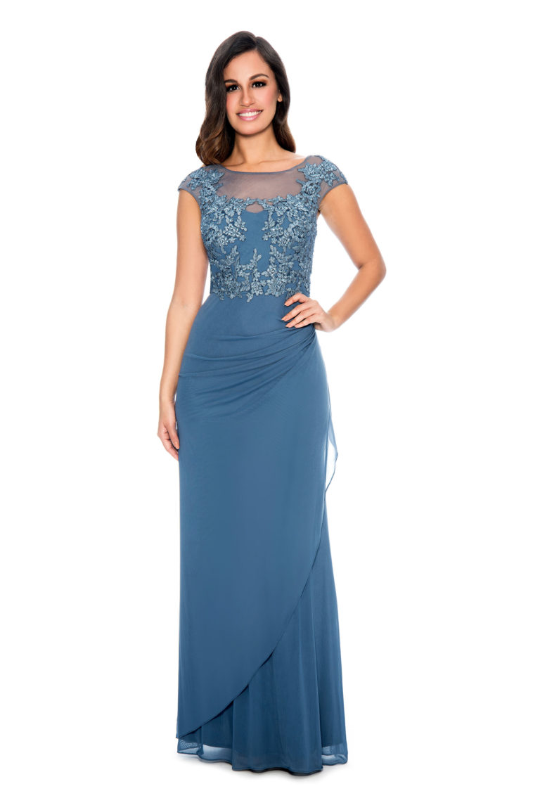 Lace applique top overlay cascade long gown - formal evening dress - mother of bride dress - plus size dress