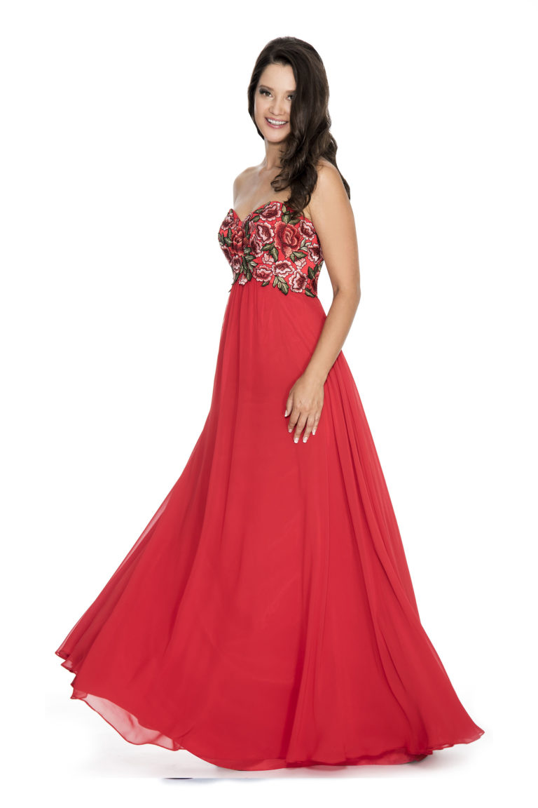 Strapless flowy floral appliqué top long gown - prom dress - homecoming dress - plus size dress