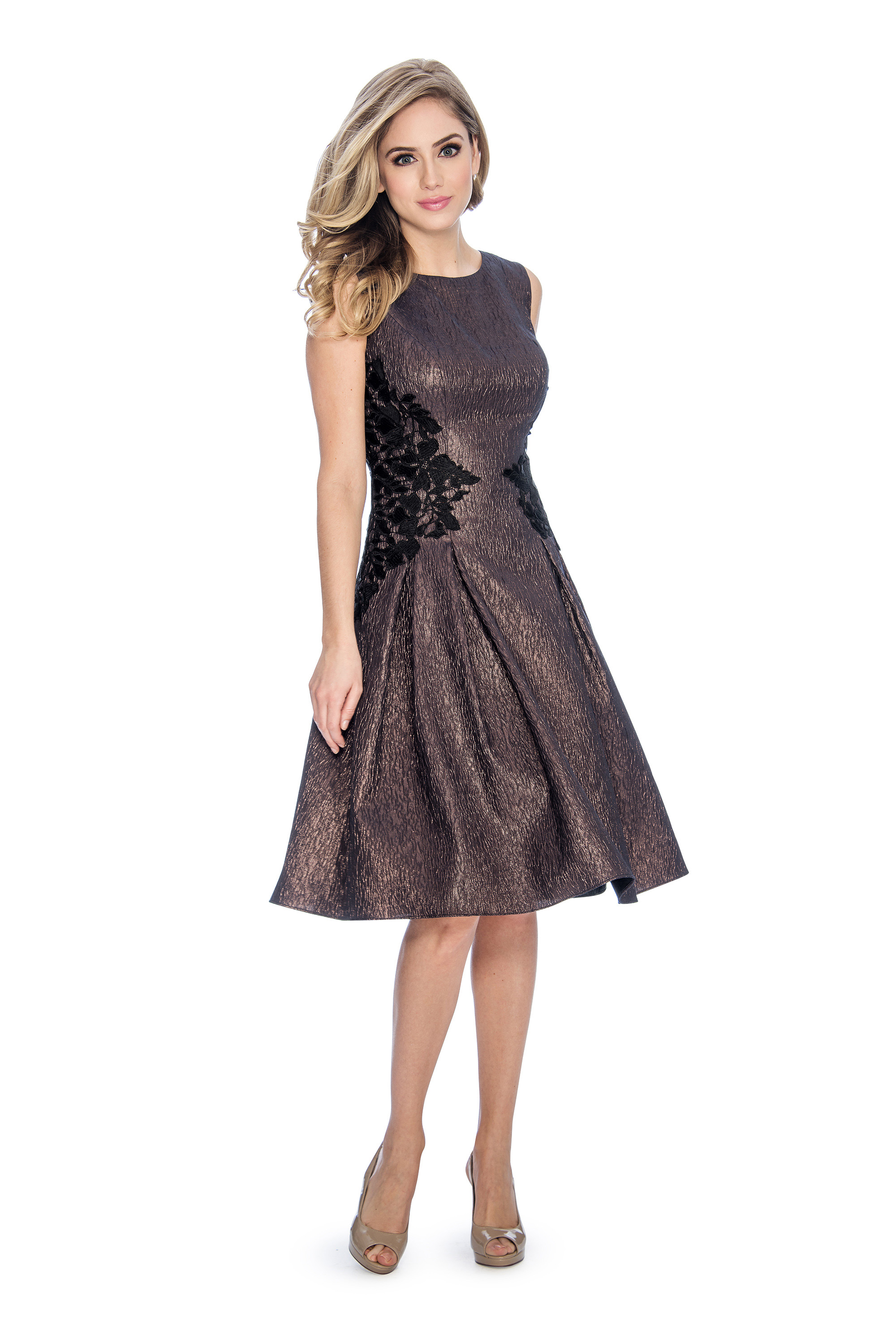 A line, lace applique, metallic, short dress