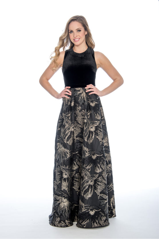 Velvet, printed brocade, ballgown dress